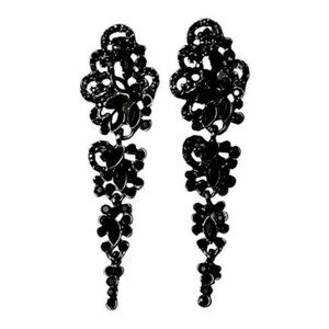 Black Earrings Long Dangle Drop Rhinestone Halloween Black Bridal Prom Jewelry